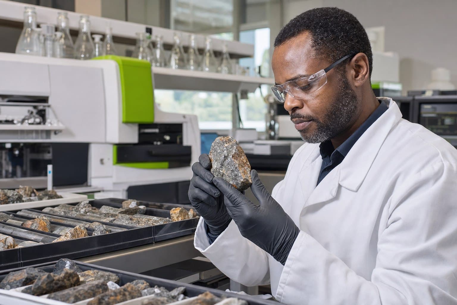 Geochemical laboratory technician inspecting a mineral sample