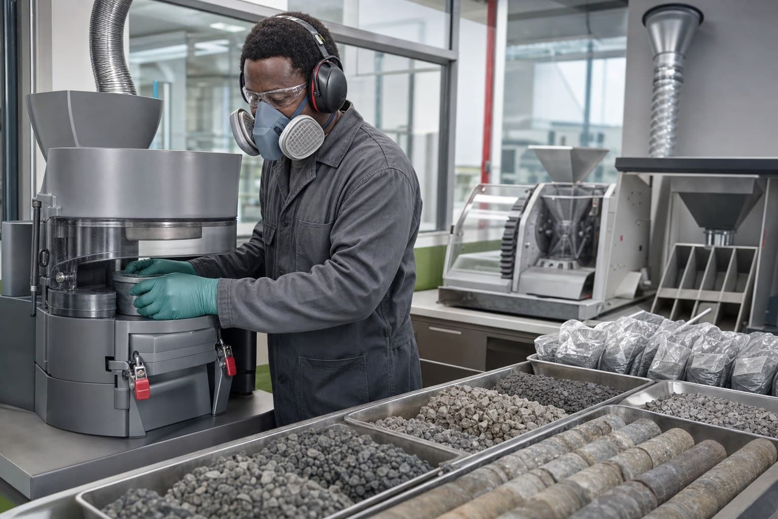Technician operating rock sample preparation equipment